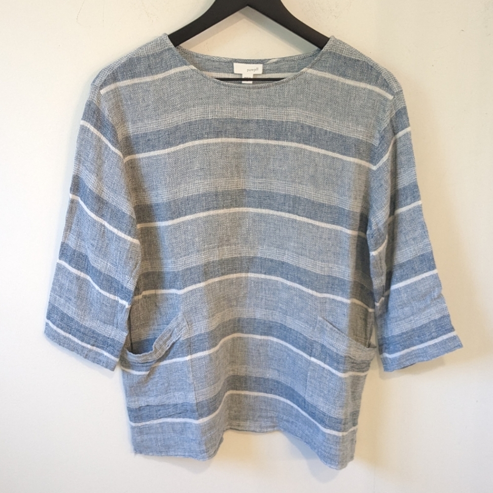 J. Jill Pure Jill Blue White Stripe Boxy Lagenlook Pocket Linen Pullover Shirt